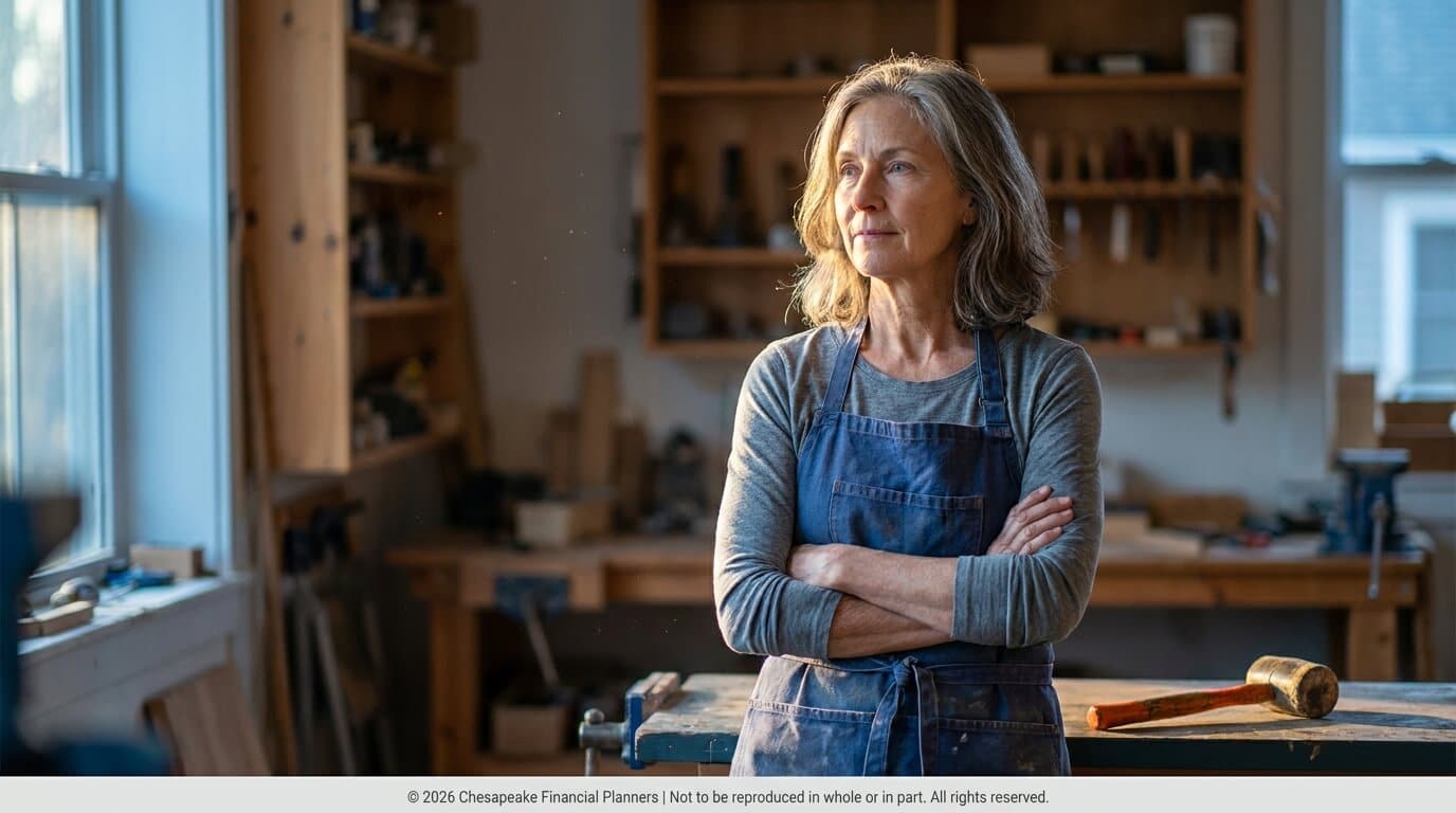 Woman in a blue apron stands with arms crossed in a woodworking shop, tools and workbench visible in the background.