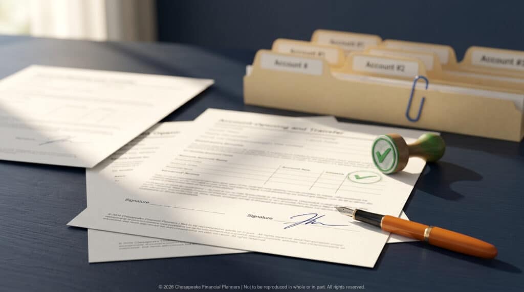 Contract documents with signatures on a desk, a green check stamp nearby, and an orange fountain pen; folders labeled Account 1–5 in the background