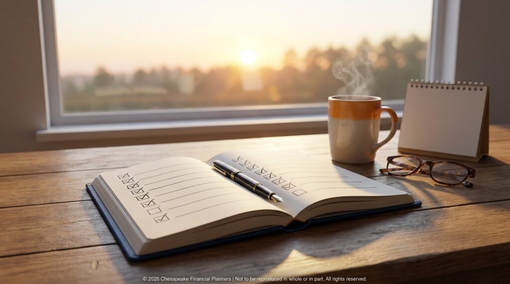 featured-image | Chesapeake Financial Planners Open notebook with a checkmark-based list on a wooden desk, a pen resting between pages, by a sunlit window with a steaming mug nearby,