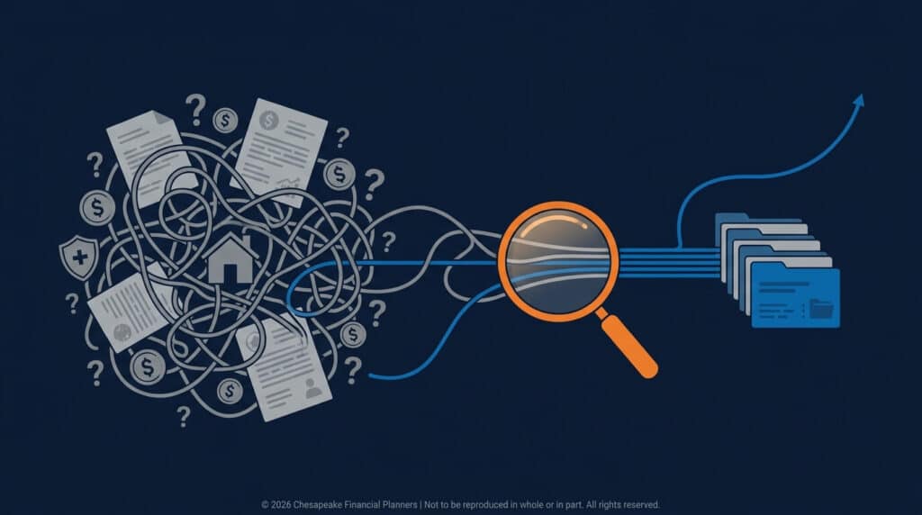 Magnifying glass over a chaotic pile of papers and question marks, leading to neatly organized folders on the right.