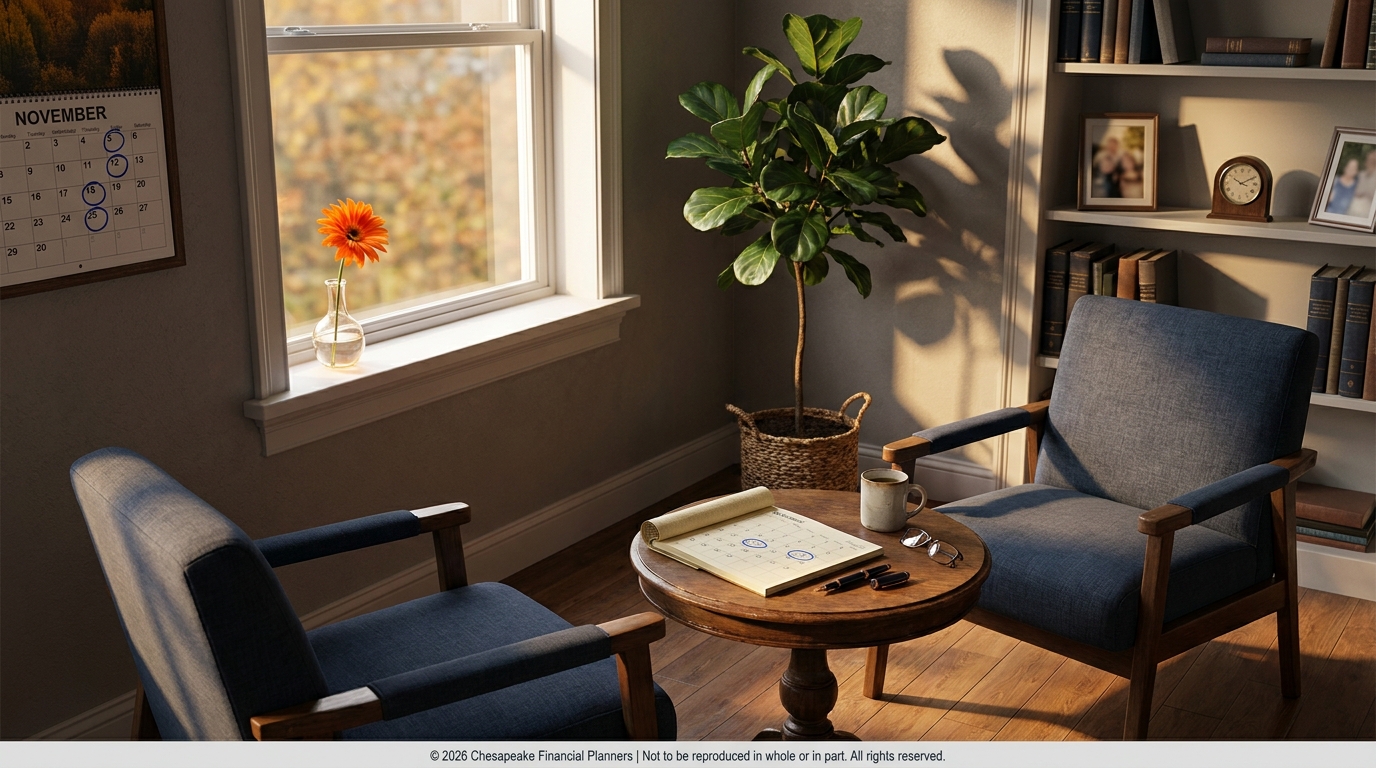 Cozy reading nook with two blue upholstered chairs around a wooden table, sunlight through a window, and a potted plant nearby.