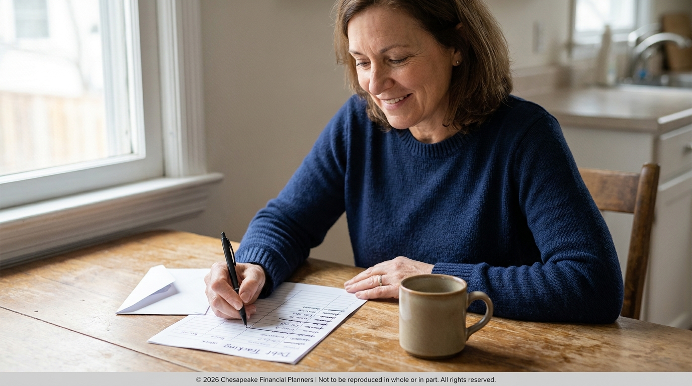 Woman in a blue sweater writes on a form at a wooden kitchen table, with a coffee mug nearby and sunlight from a window.