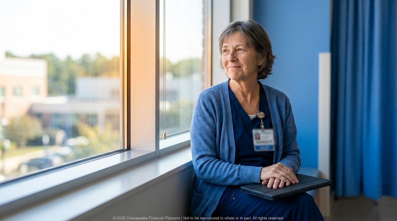 Healthcare professional in blue scrubs and cardigan sits by a sunny window, hands folded on a tablet, badge visible.