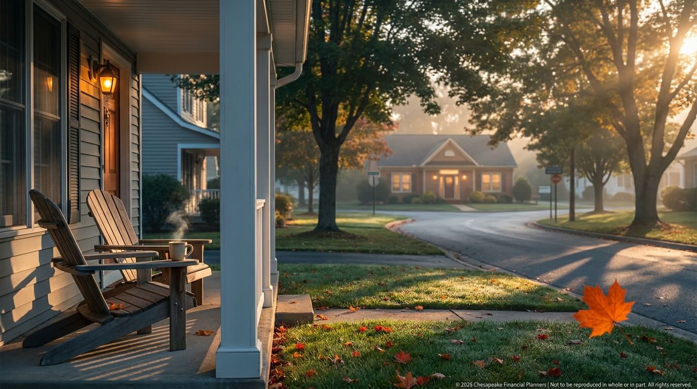 Morning sunlight on a porch with two wooden chairs and a mug on a small table, autumn leaves on the grass.