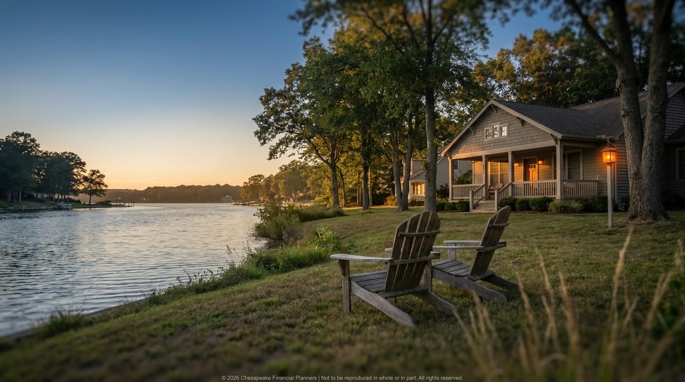 Lakeside cottage at sunset with two wooden chairs facing a calm lake by a grassy yard and trees