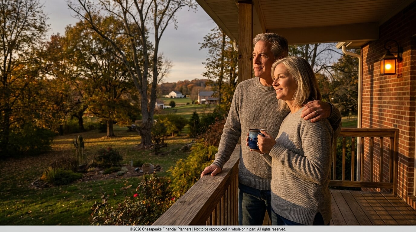 Couple standing on a wooden porch at sunset, looking gently over a yard with trees, one holding a mug of coffee or tea.
