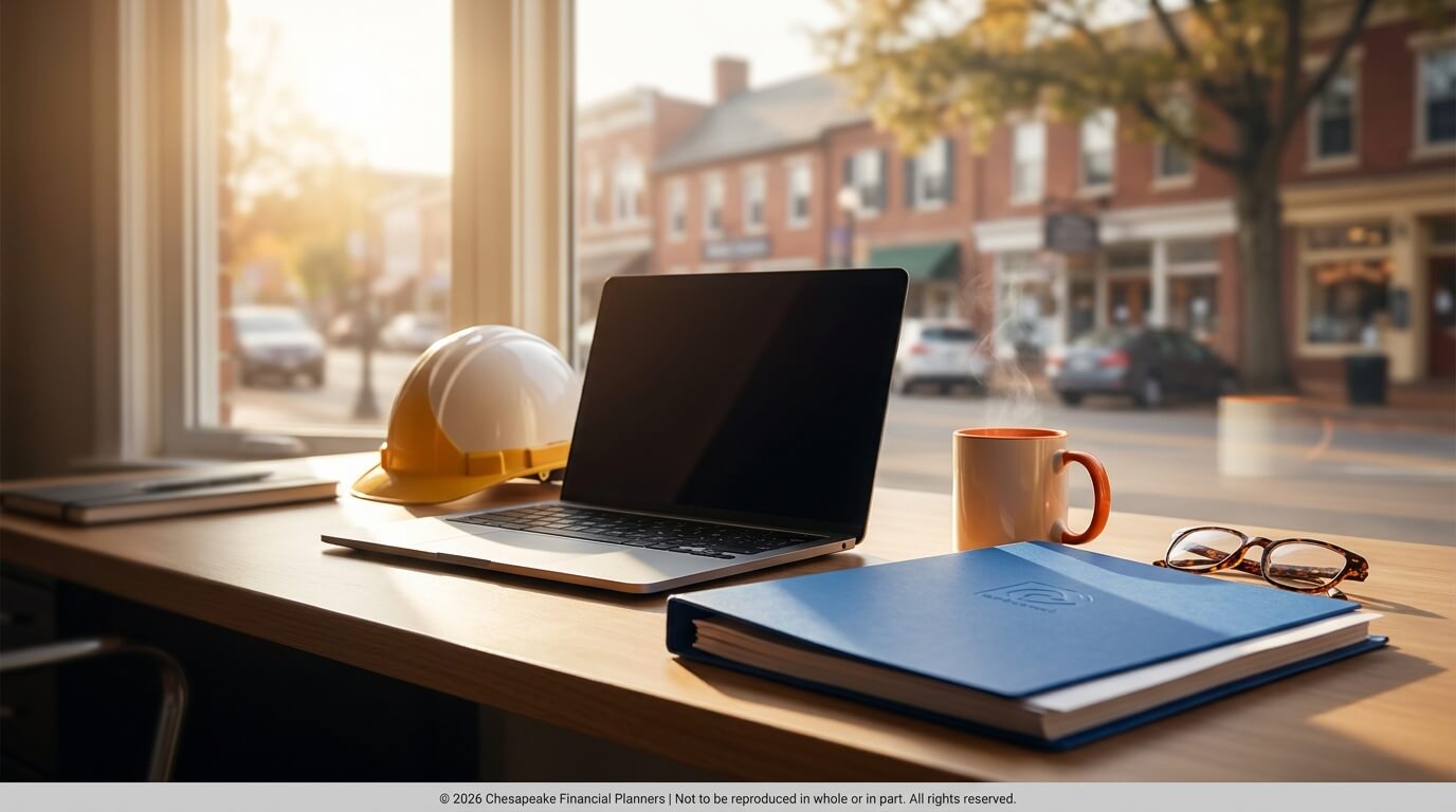 Laptop, yellow hard hat, blue notebook, glasses, and coffee mug on a sunny office desk by a window overlooking a street — workplace setup for planning and design.