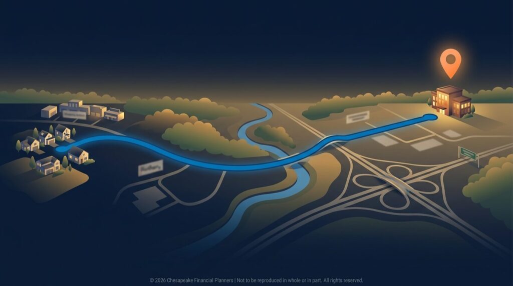 Illustrated map showing a blue route from a residential area on the left to a building with a glowing location pin on the right over a highway interchange.