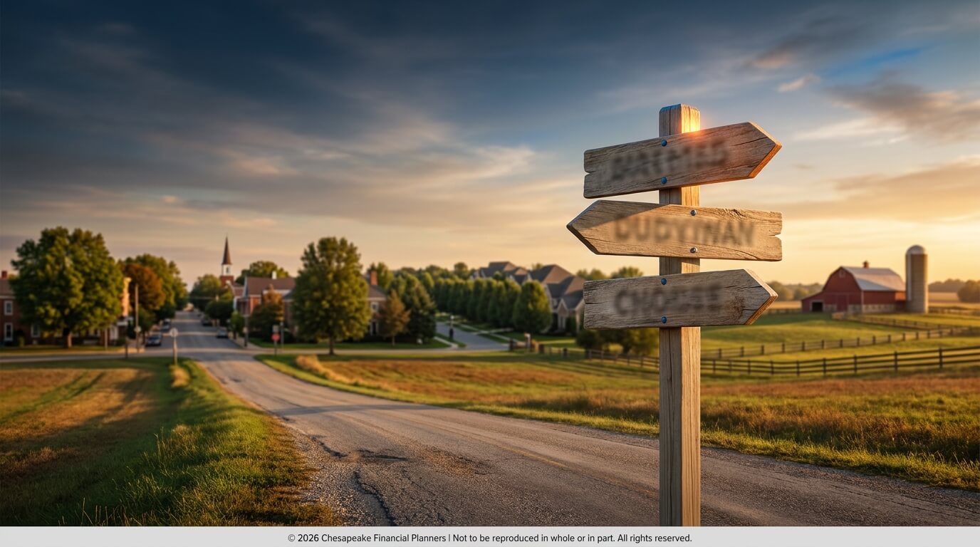 Wooden signpost with three arrows beside a rural road at sunset, with fields and farm buildings in the distance.