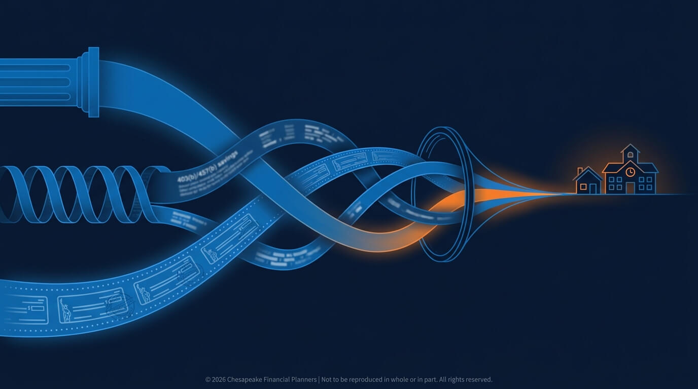 Abstract blue intertwined ribbons leading to orange-lit houses, symbolizing financial planning for home ownership act.