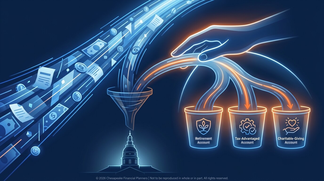 Illustration of a hand guiding a stream of money into three glowing buckets labeled Retirement Account, Tax-Advantaged Account, and Charitable-Giving Account for financial planning.
