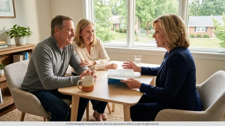 Financial advisor meeting with a couple at a table in a bright living room by a large window.