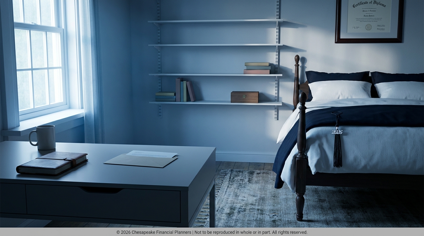 Blue-toned bedroom with a four-poster bed, white and navy bedding, and a tassel hanging from the footboard; a white desk with a mug and notebook sits near a window, while blank white shelves and a framed diploma adorn the wall; soft natural light filters in.