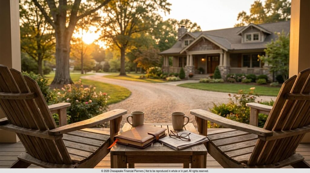 Two wooden chairs on a porch facing a winding gravel path and a house at sunset; table between holds notebooks, glasses, and two mugs.