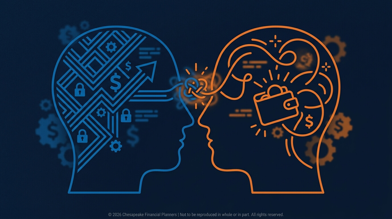 Two outlined heads facing each other: blue left brain filled with circuits and dollar signs, orange right brain with a wallet, connected by a glowing link.