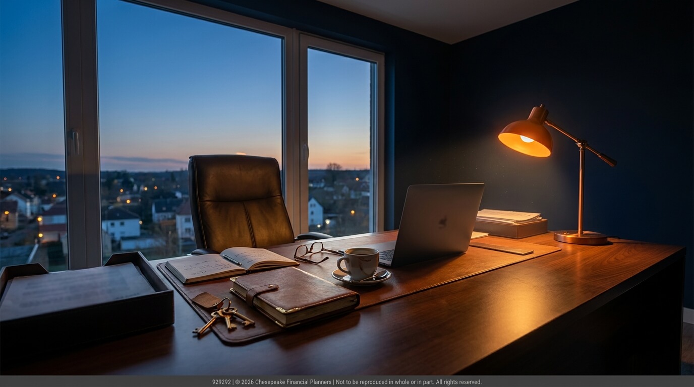 Work desk by large windows at sunset: laptop, notebook, glasses, coffee cup, and a warm desk lamp on a wooden surface.