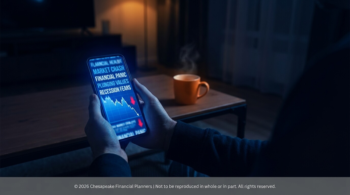 Person holding a smartphone displaying blue financial-news headlines and a falling stock chart; an orange mug sits on the table in a dim room.