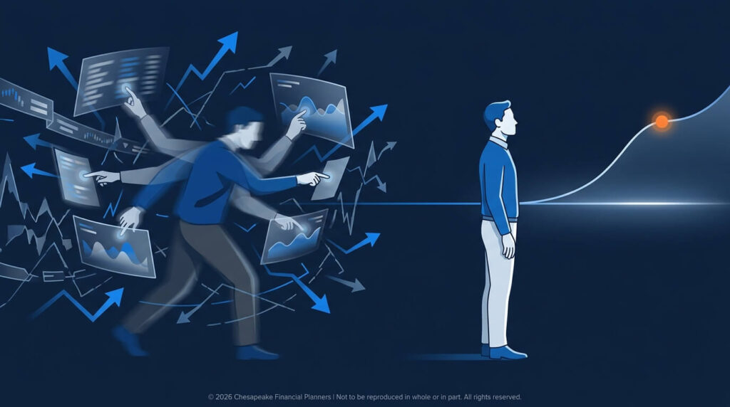 A man in blue stands facing a bright upward-curving line with an orange dot, while a chaotic swarm of data screens and arrows rush past a second figure behind him.