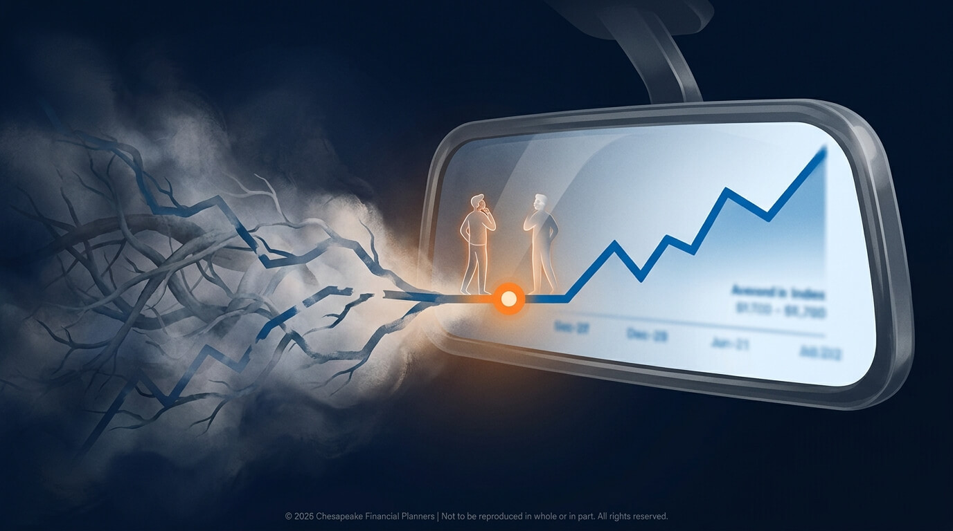 Rising blue line graph seen through a curved display, with two small figures standing at an orange marker on the line amid tree-like branches on the left.