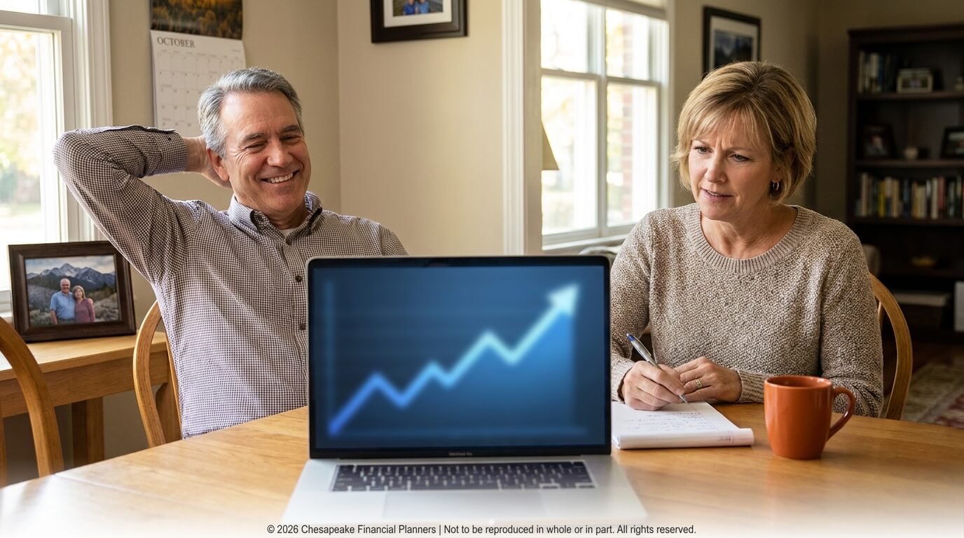 Two people sit at a wooden table in a home office, looking at a laptop showing a rising graph while the woman takes notes and the man smiles with his arm behind his head.