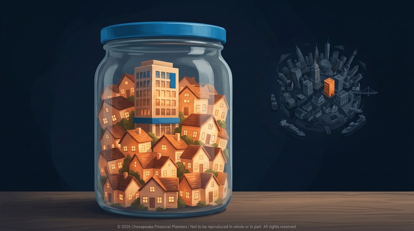 Glass jar with a blue lid filled with miniature houses, resting on a wooden table, against a dark backdrop.
