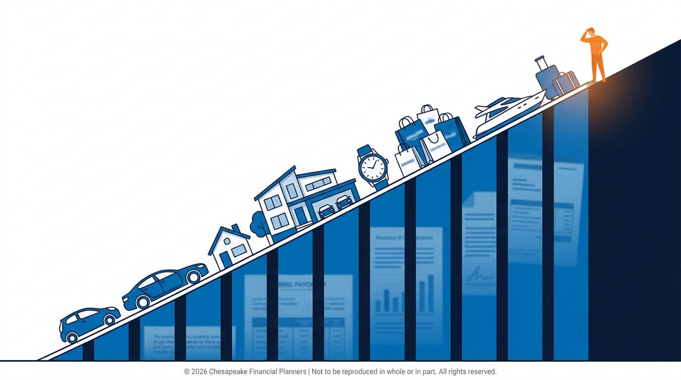 People-themed growth on a rising blue bar chart featuring houses, a clock, bags, and vehicles climbing toward a top figure.
