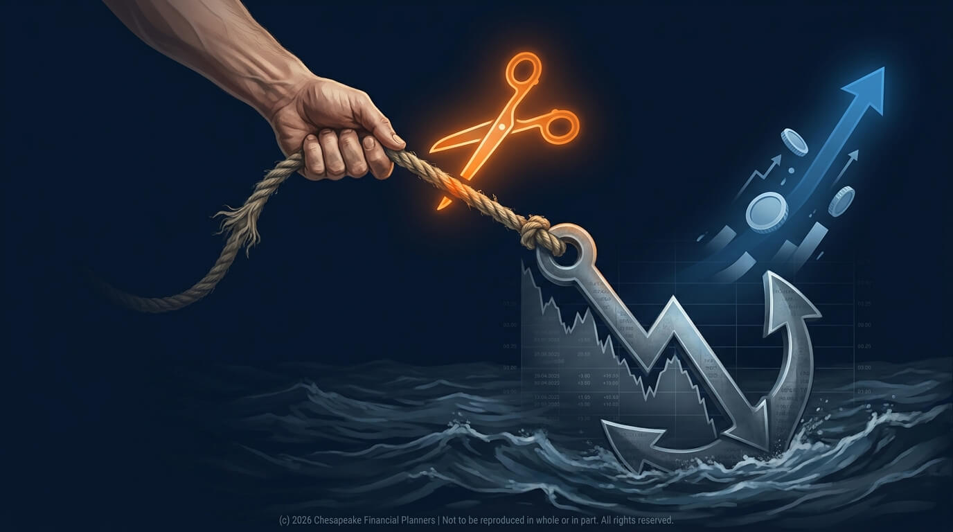 Hand pulling a rope tied to a sinking anchor; rising financial charts glow in the background over dark seas.