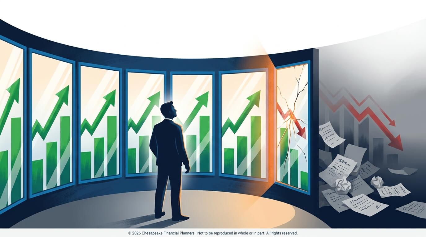 Man in a suit stands before curved wall of screens with green upward stock charts; a cracked panel and scattered papers hint at a downturn.