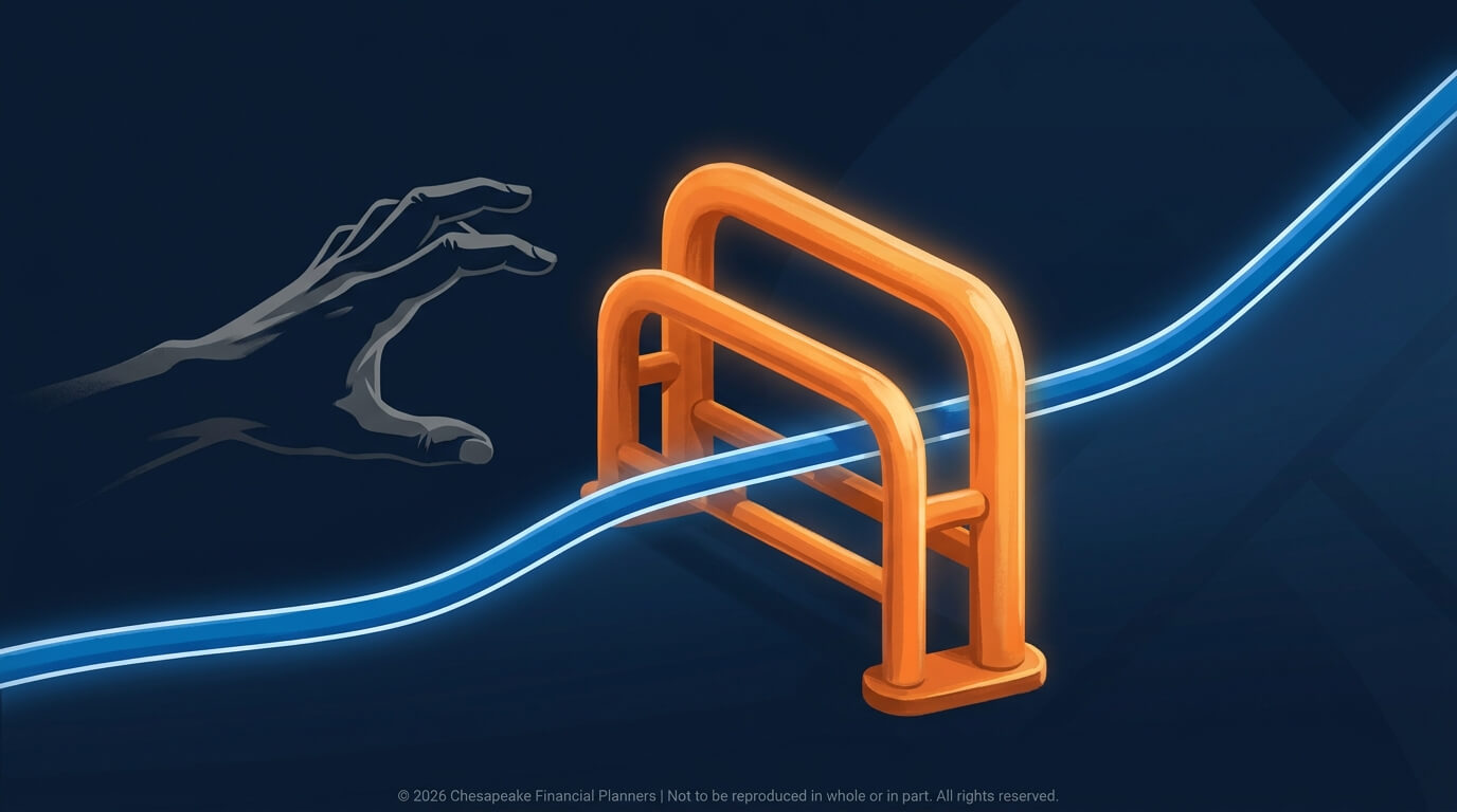 Abstract illustration of an orange barrier gate crossed by a blue curved line, with a gray hand reaching toward it, symbolizing overcoming obstacles.