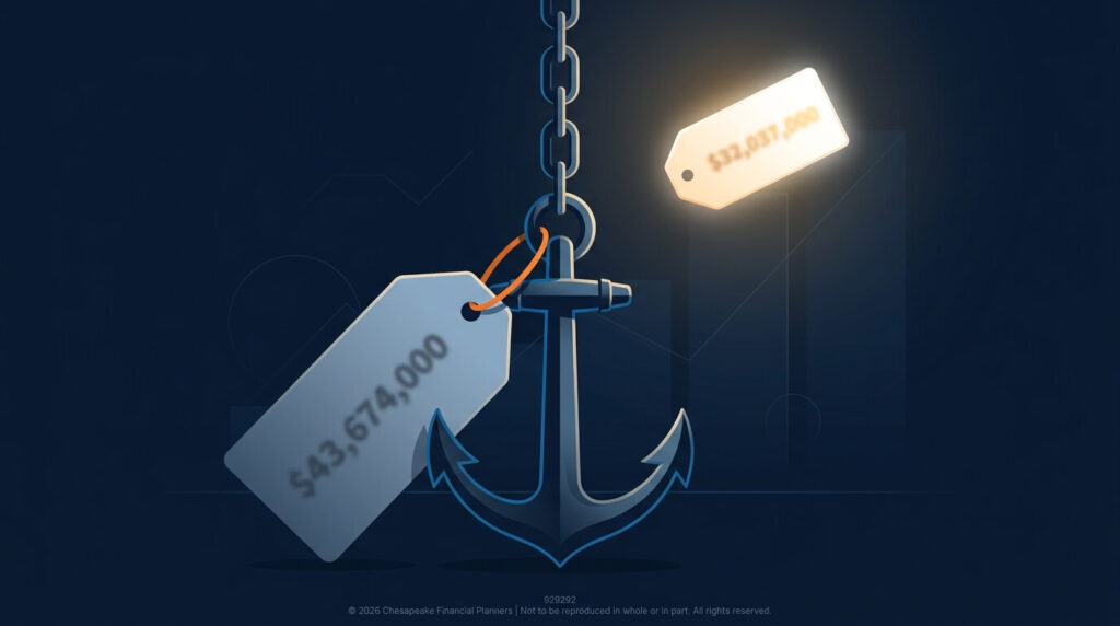 featured-image | Chesapeake Financial Planners Blue anchor hanging from a chain with two price tags, one glowing, symbolizing anchored investments and valuation on a dark blue background.