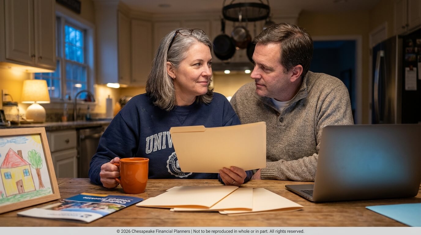 Couple sits at a kitchen table reviewing documents, with a laptop, a mug, and a framed child’s drawing nearby.
