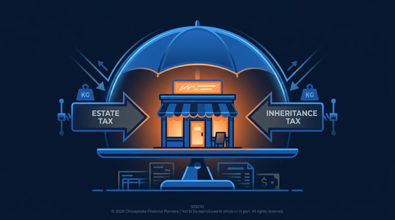 Infographic-style illustration of a small shop on a scale, with arrows labeled Estate Tax and Inheritance Tax on either side under a protective umbrella.
