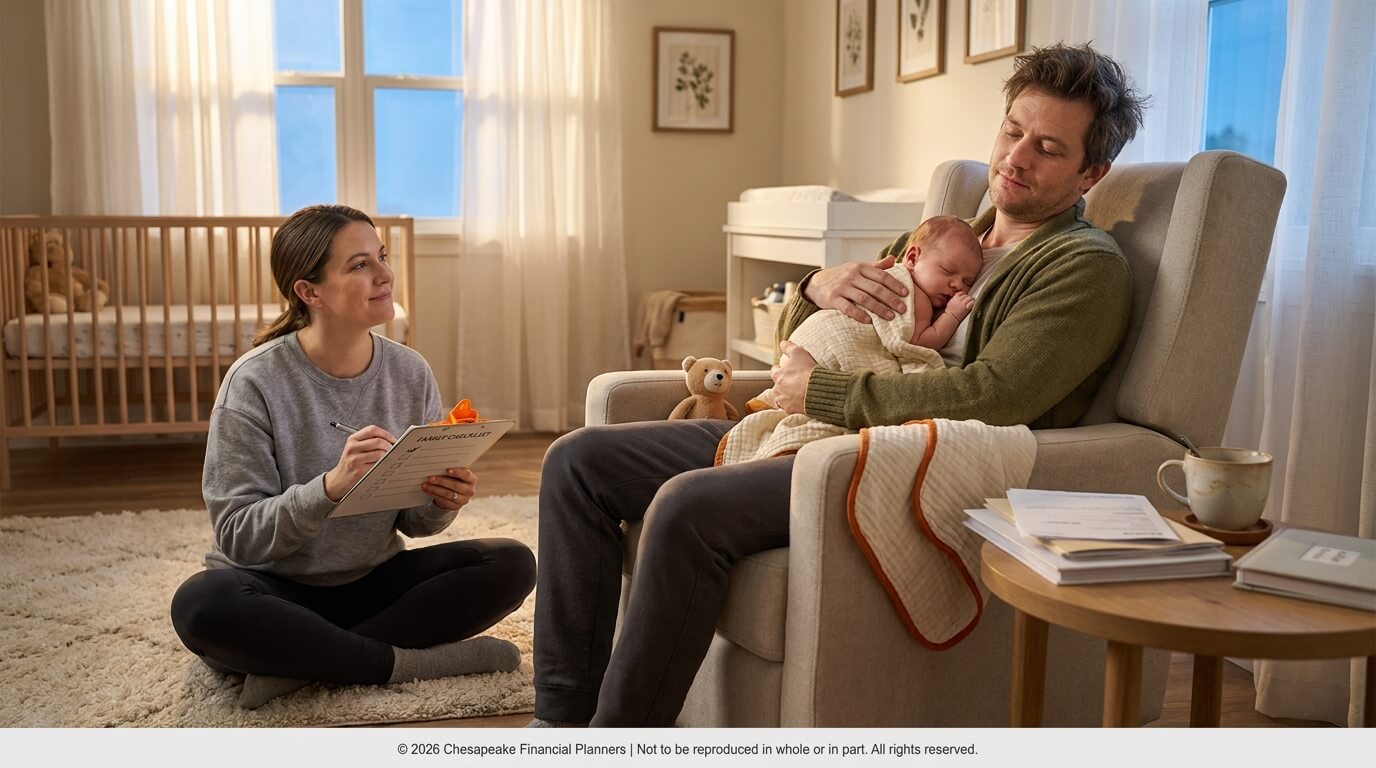 Mother sits on a rug taking notes while a father rests in an armchair, cradling a sleeping baby in a cozy nursery set-up with a crib in the background.