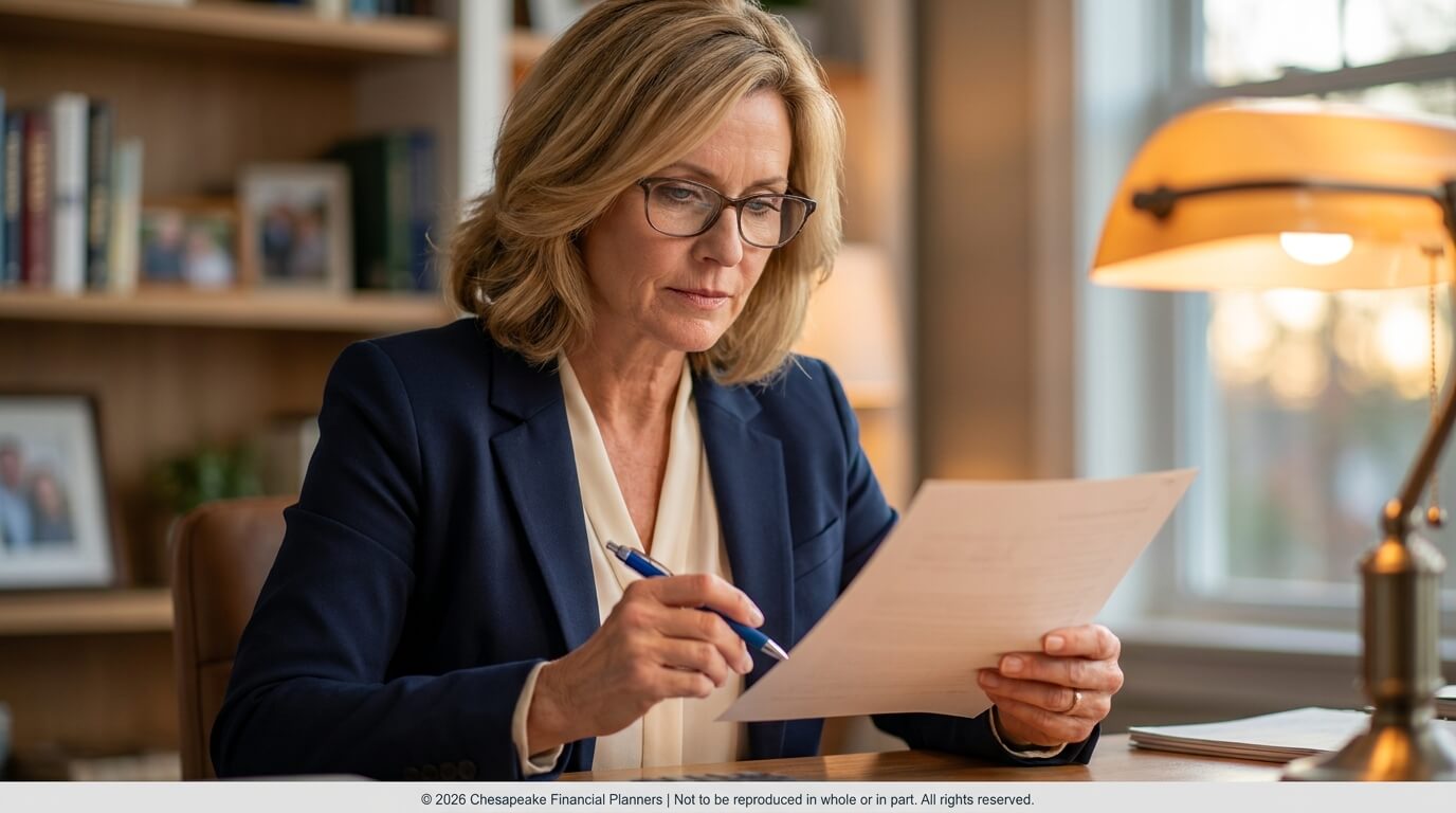 Businesswoman in a navy blazer reviews a document at her desk with a pen beside a warm desk lamp.