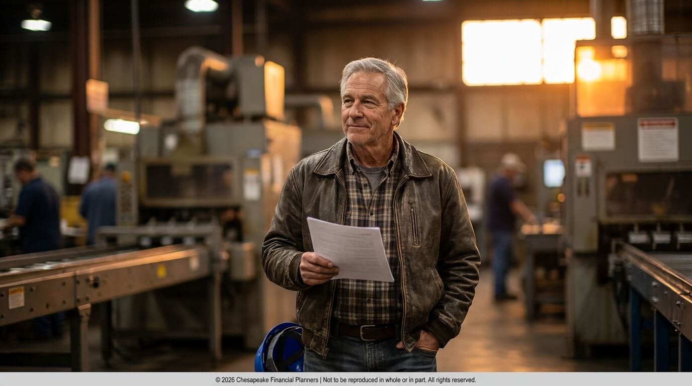Older man in a leather jacket holding papers in a busy factory, looking thoughtful.