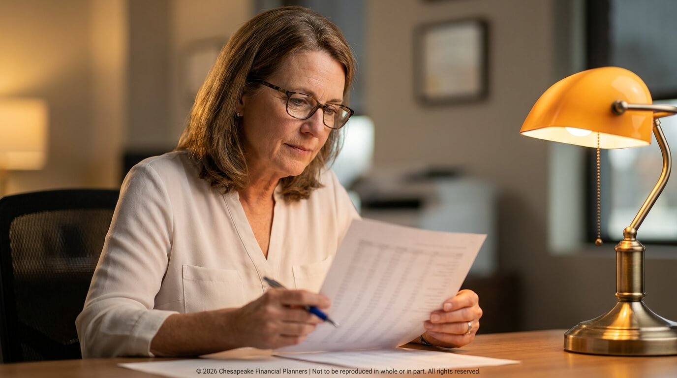 Woman with glasses seated at a desk, reviewing a printed document with a blue pen under a warm desk lamp.