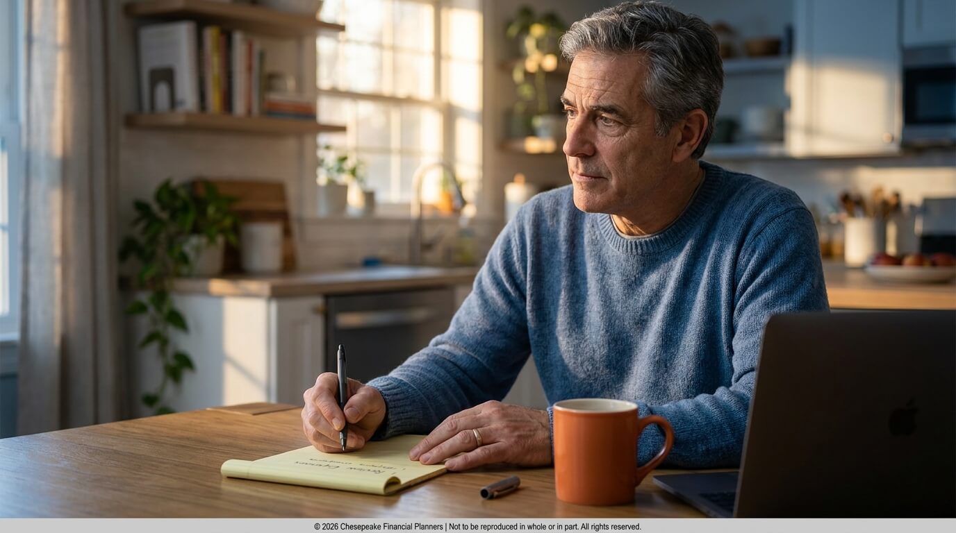 Man in a blue sweater writes on a yellow notepad at a kitchen table, with a laptop and orange mug nearby.