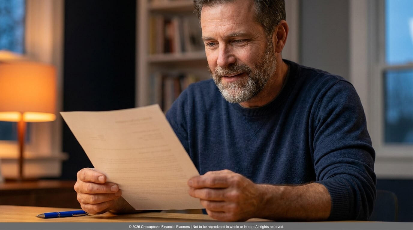 Older man with a beard reading a document at a desk beside a warm lamp.