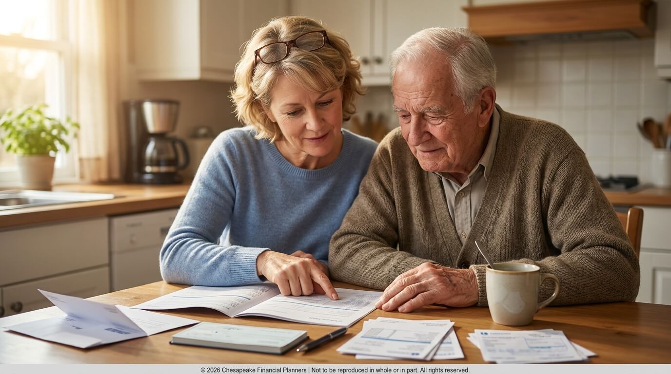 Older man and a woman sit at a kitchen table reviewing financial documents together in a sunlit room