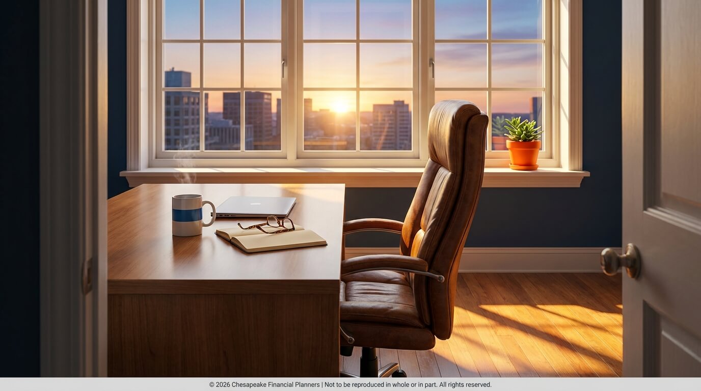 Sunlit home office with a wooden desk by a large window, a brown leather chair, mug, notebook, glasses, and a laptop; sunlight fills the room.