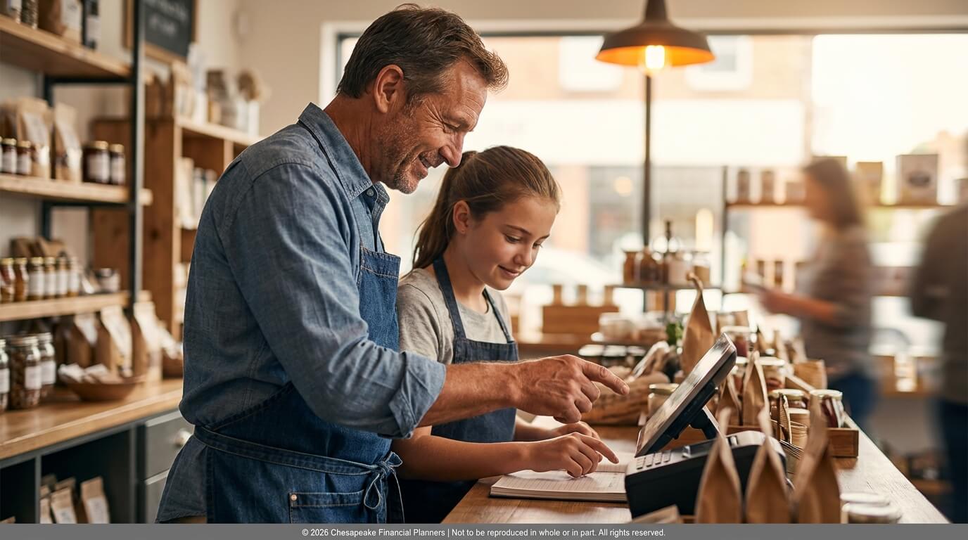 Man and young girl in aprons at a shop counter, using a tablet and writing in a notebook as they work together.