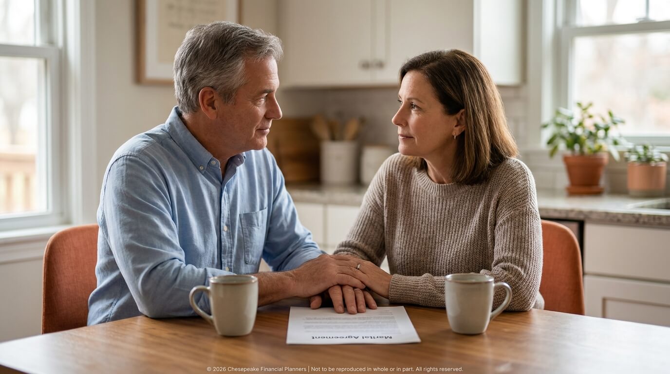 Couple sitting at a kitchen table, holding hands over a document labeled Mortgage Agreement, with mugs nearby.