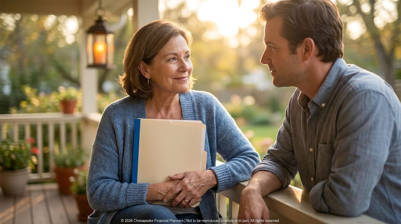 Older woman in a blue cardigan holds a folder and chats with a man on a sunlit porch.