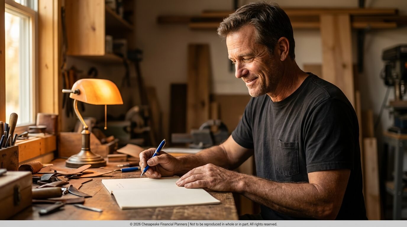 Craftsman in a black t-shirt writes on paper at a cluttered wooden workbench by a warm lamp.