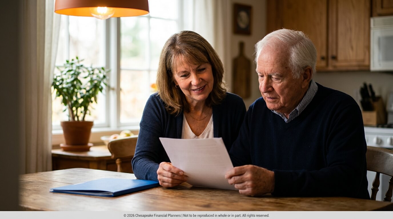 Senior couple sitting at a kitchen table, reading a document together with a blue folder nearby.