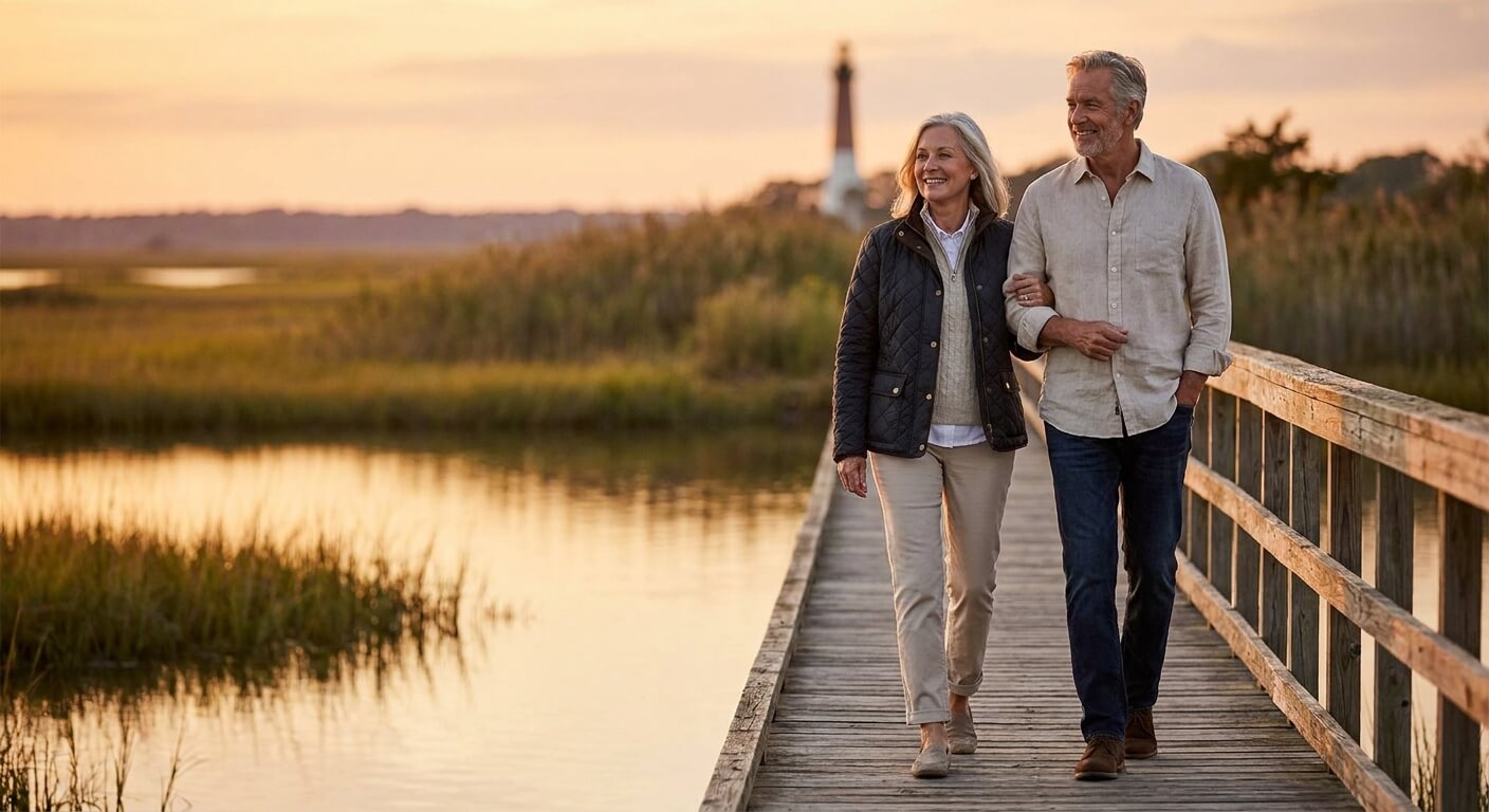 Senior couple walking arm in arm on a wooden boardwalk at sunset, lighthouse in the distance.