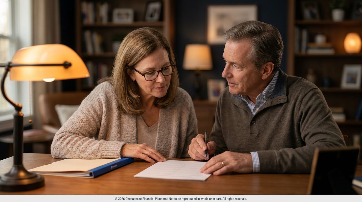 Older couple seated at a wooden desk, reviewing documents with a pen in a cozy home office.