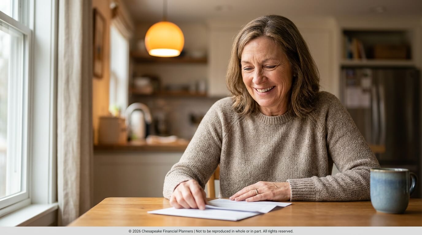 Woman sits at a wooden kitchen table signing papers with a smile, a mug nearby by the window.