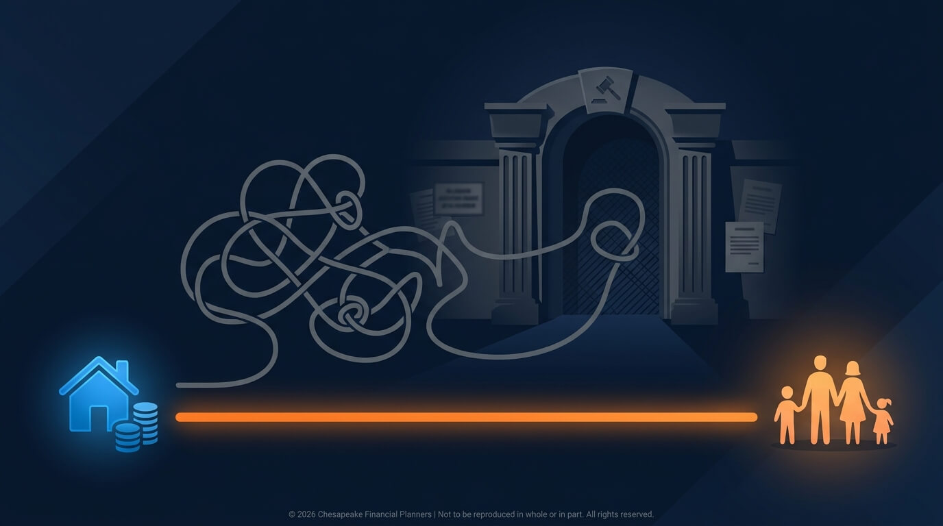 Blue glowing house with coins on the left, an abstract maze in the center, and an orange line leading to a family on the right—illustrating financial planning for homeownership.