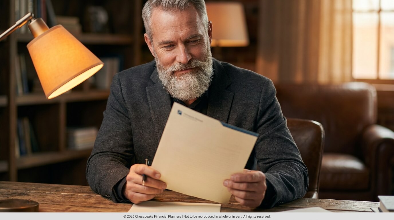 Older man with gray beard reading a document at a wooden desk under a warm lamp in a cozy study.